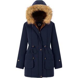 Women's Long Navy Hooded Jacket Overcoat Winter Warm Fleece Lined Fur Trim
